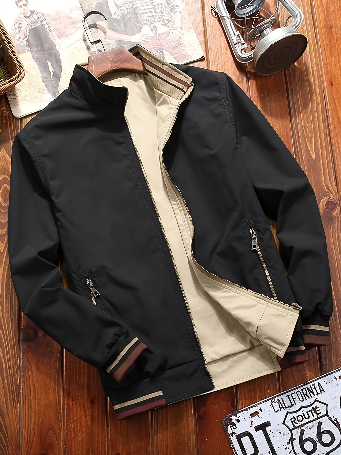Reversible Casual Stand Collar Fashion Zip Up Jacket