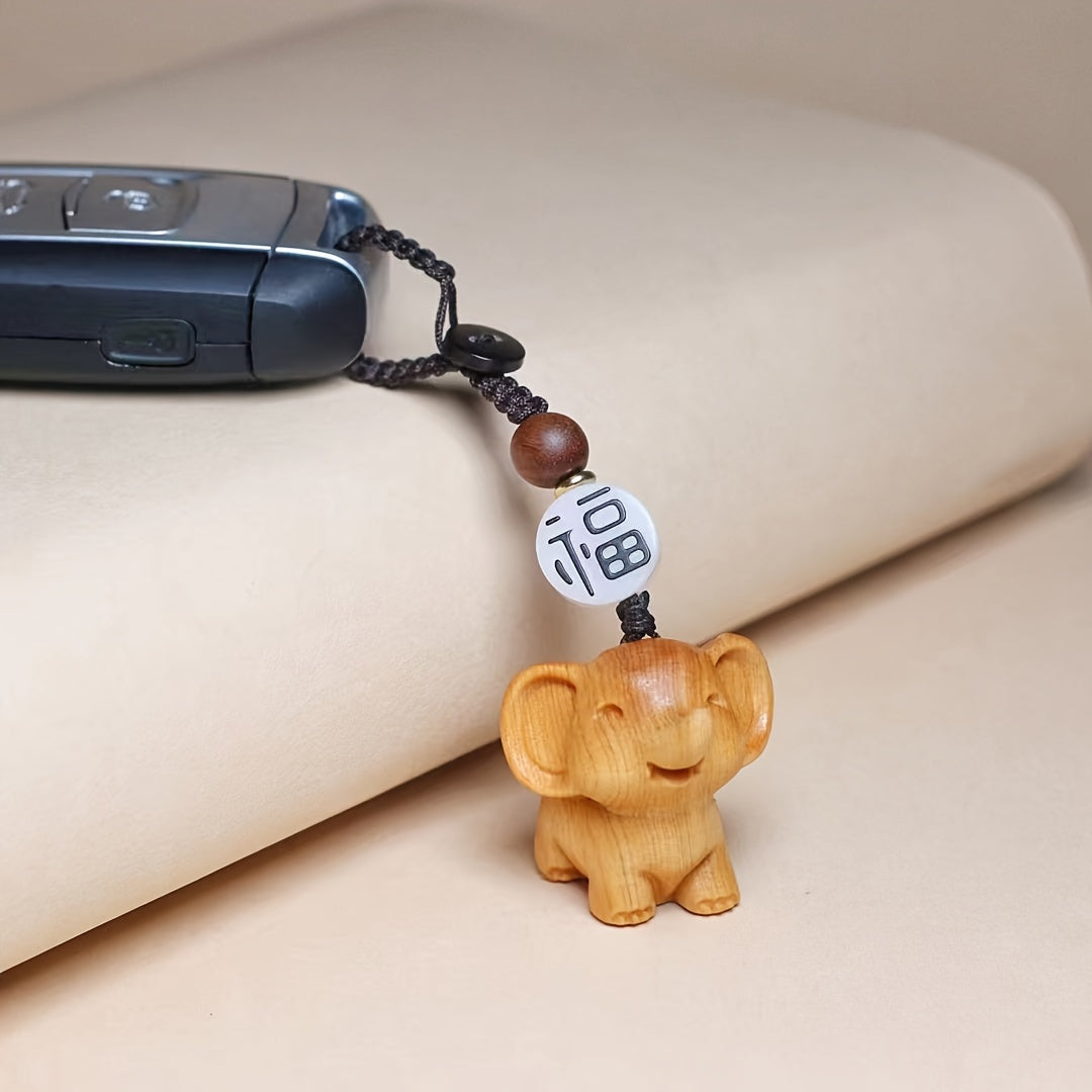 Country Rustic Pine Wood Elephant Keychain