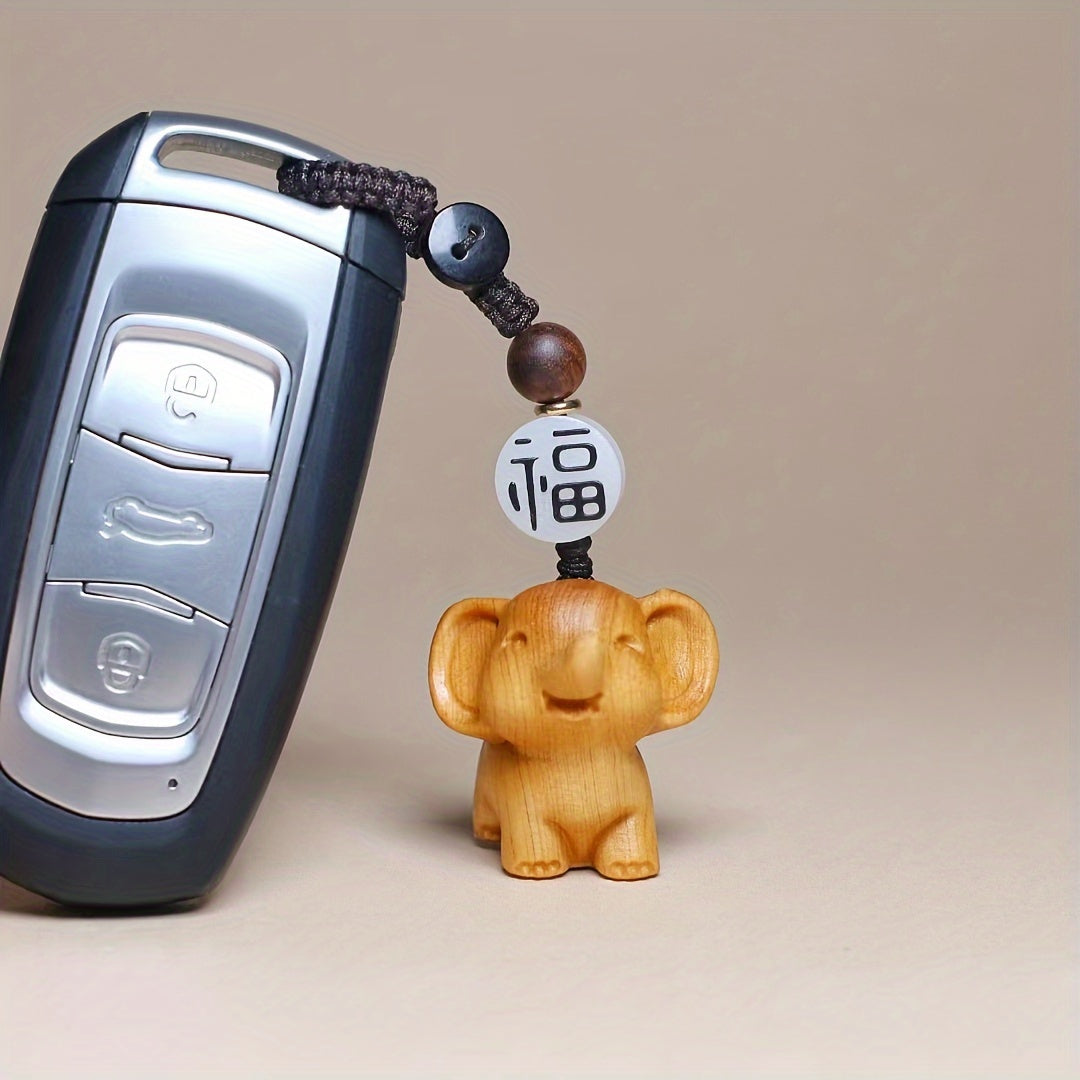 Country Rustic Pine Wood Elephant Keychain