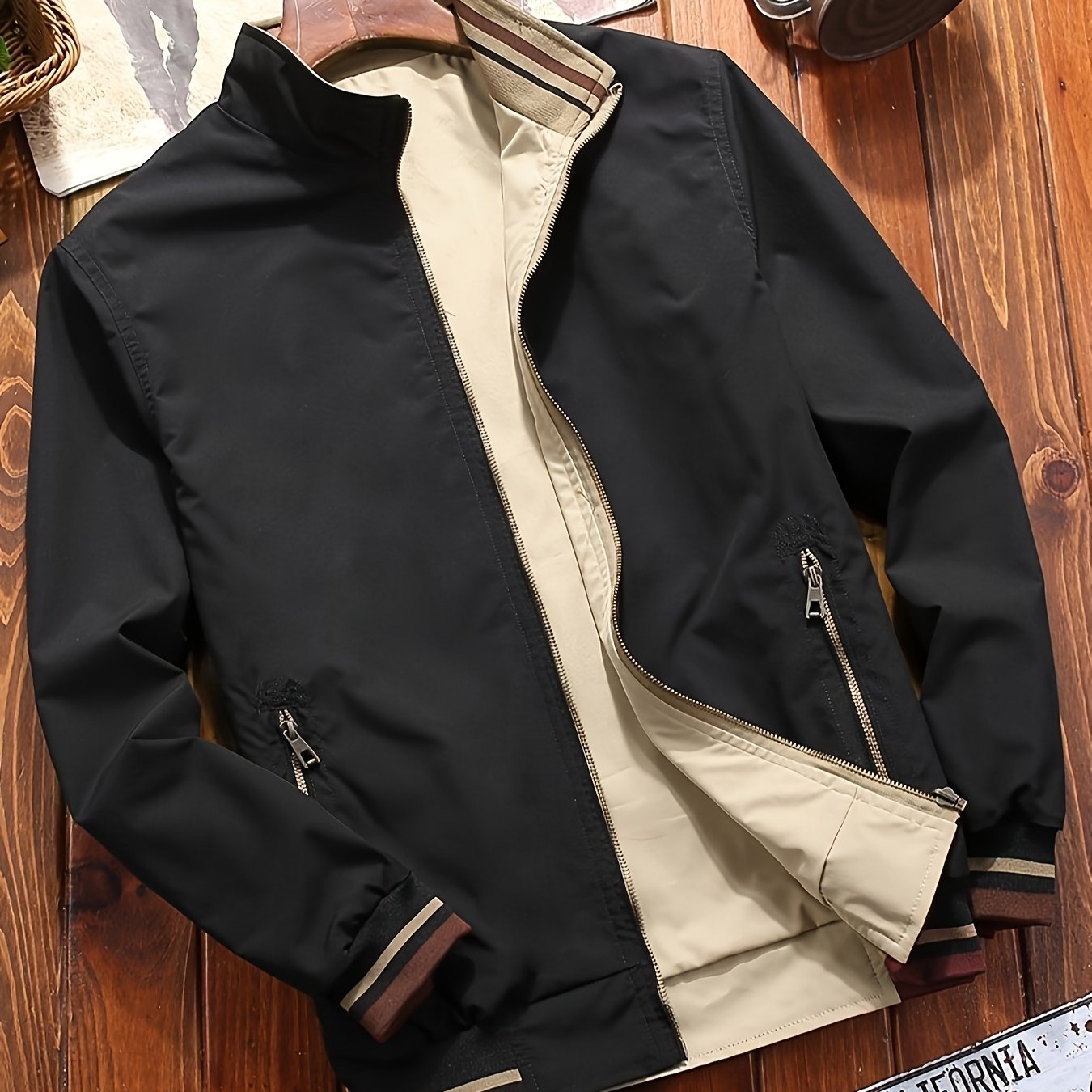 Reversible Casual Stand Collar Fashion Zip Up Jacket