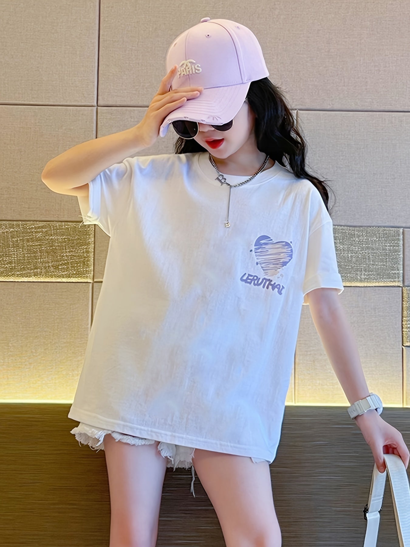 Letters Print Heart Graphic Crew Neck T-Shirt