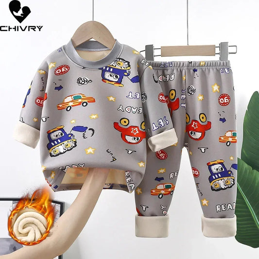 Thicken Warm Pajamas Boys Girls Cartoon Long Sleeve