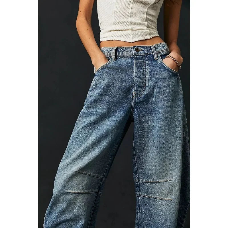 Loose Wide-Leg Pants Mid-Low Waist Washed Denim