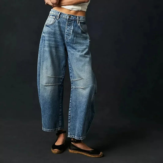 Loose Wide-Leg Pants Mid-Low Waist Washed Denim