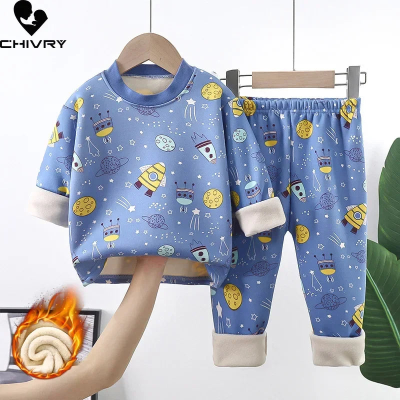 Thicken Warm Pajamas Boys Girls Cartoon Long Sleeve